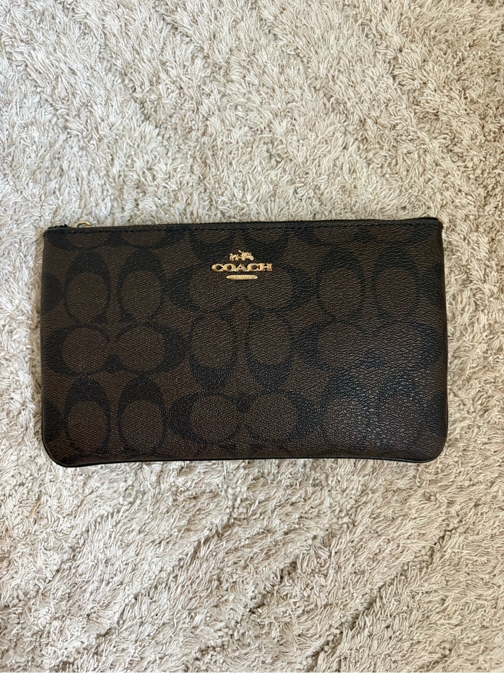 Coach Dark Brown Signature Zip Pouch with Gold Logo